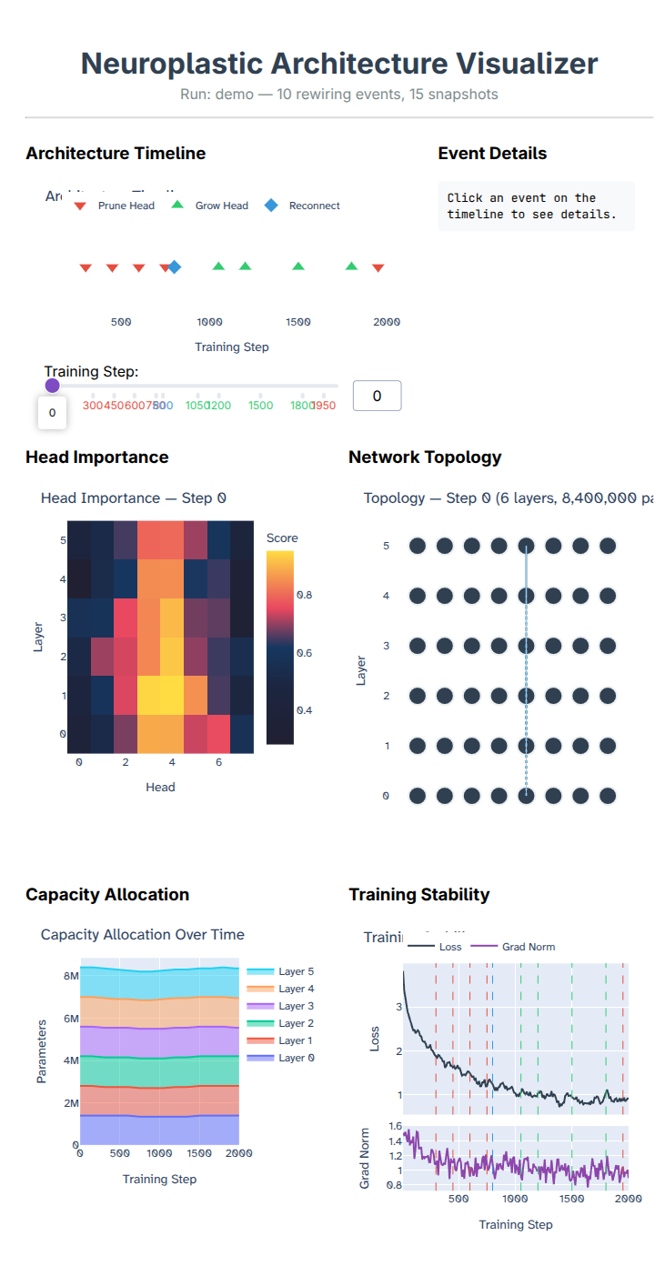 Full npviz dashboard showing timeline, topology, importance, capacity and training stability views